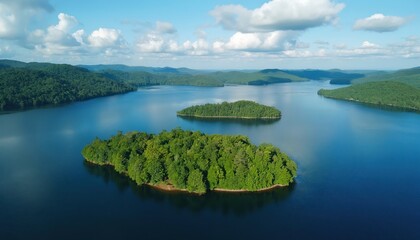 Aerial landscape serene lake surrounded by rich green forest hills under bright blue sky with fluffy clouds. Drone view captures islands covered in dense trees, reflecting in calm, deep blue water.