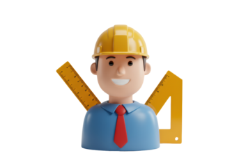 Isolated 3D architect cartoon character, engineer with yellow hardhat and ruler tools