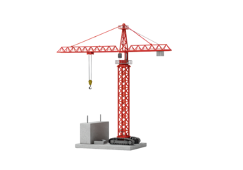 Isolated, red construction crane with foundation, tower crane, industrial lifting equipment