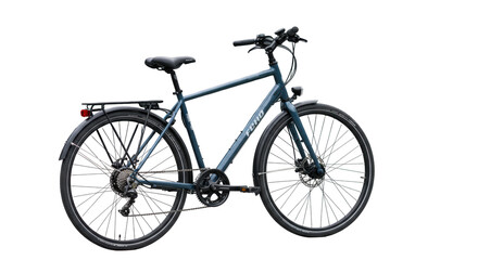 Fototapeta premium Pristine dark blue modern touring bicycle with black fenders & luggage rack, parked on urban path, soft diffused daylight, concept of sustainable urban mobility