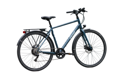 Pristine dark blue modern touring bicycle with black fenders & luggage rack, parked on urban path, soft diffused daylight, concept of sustainable urban mobility