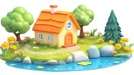 Cartoon cottage nestled on an island, surrounded by trees, flowers, and a stream