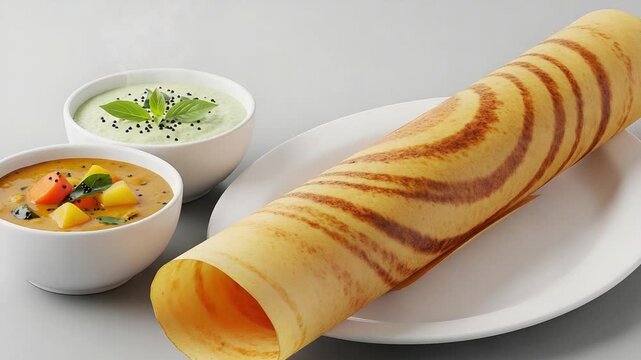 Delicious indian dosa served with sambar chutney