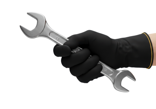 Isolated Hand Wearing Glove Holding Silver Wrench, Mechanical Repair, Industrial Tooling Work - Powered by Adobe
