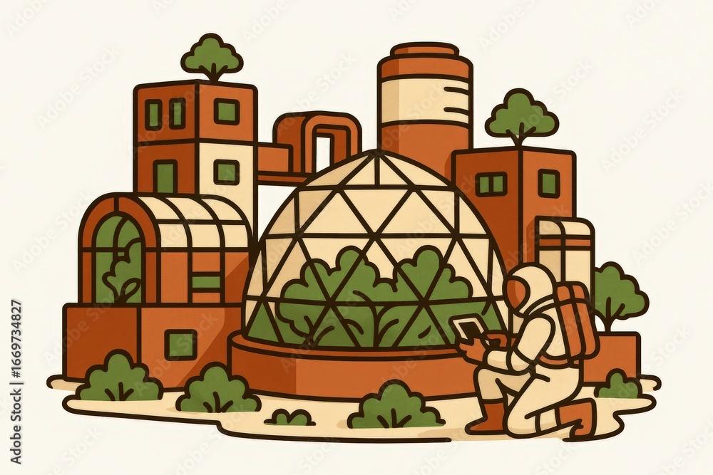 Poster futuristic ecological architecture design featuring an astronaut exploring innovative structures har
