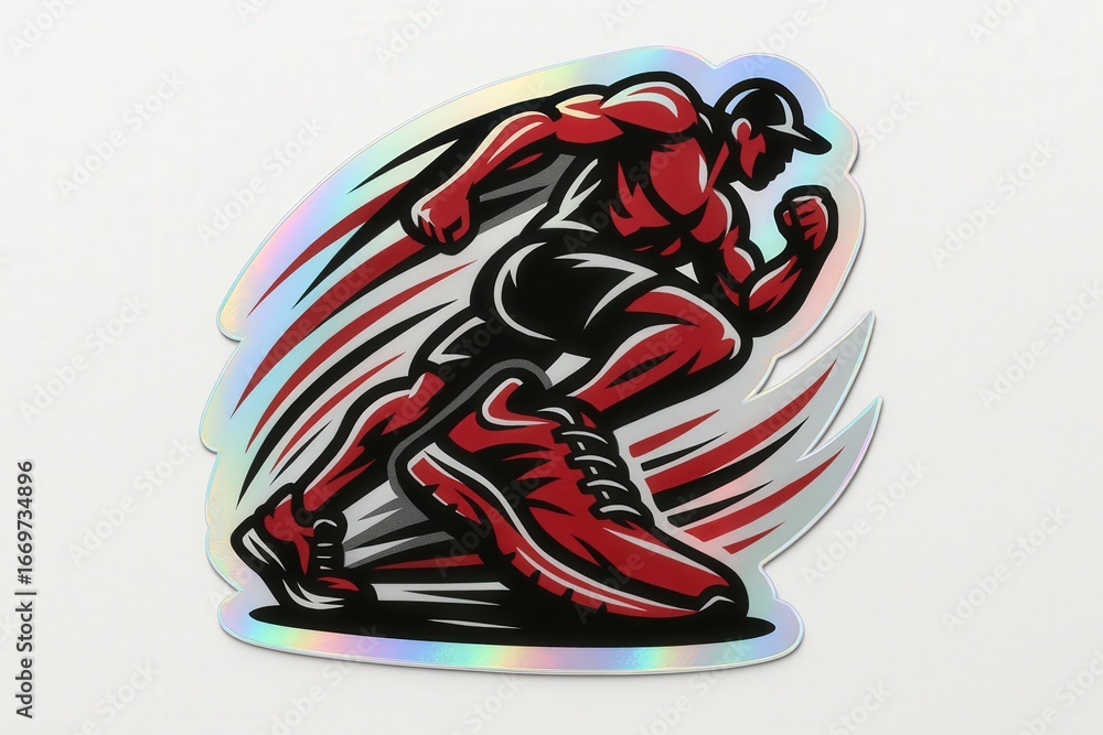 Poster dynamic illustration displaying a muscular athlete sprinting in striking red shoes, embodying energy