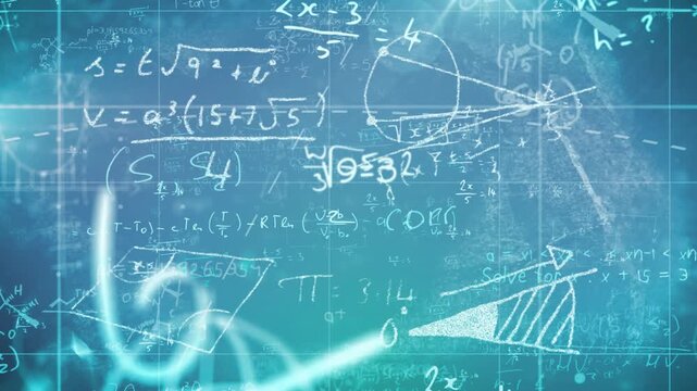 After grid appearing, digits gliding formulas fading shapes sketching to visualize math overlay