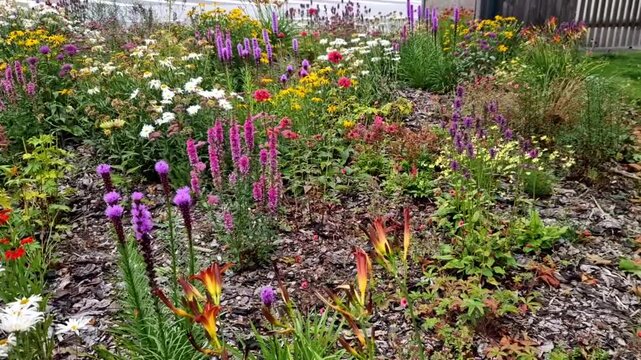 perennial flower bed with a predominance of purple in the garden and parks with bulbs