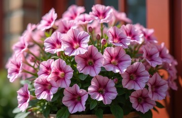 Fototapeta premium Close-up of vibrant pink, purple surfinia flowers blooming in garden pot. Cascading petunias feature delicate striped petals, ideal for spring, summer floral arrangements, balcony decor. Healthy