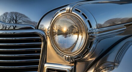 Fototapeta premium Close-up of vintage car headlight reflecting sunset