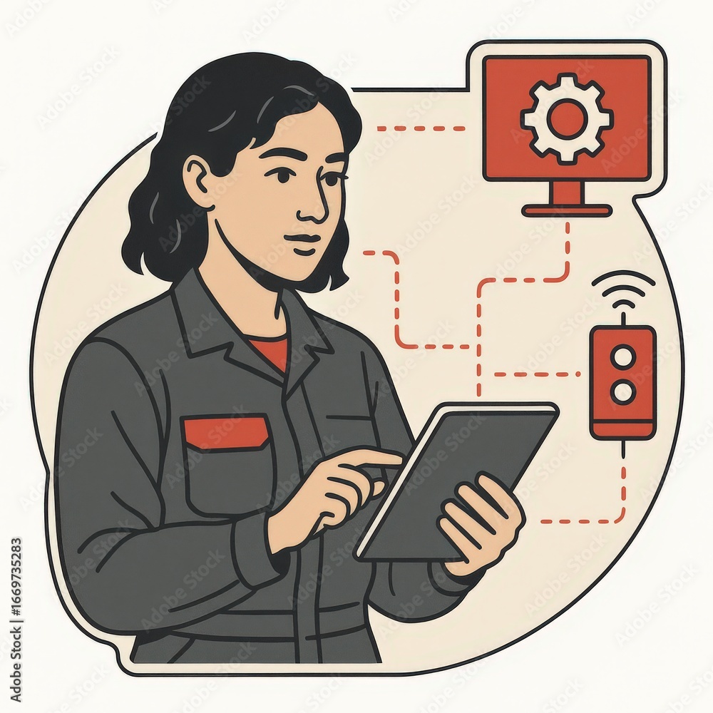 Poster engaging technician utilizing tablet to interface with machine systems showcasing innovation in auto