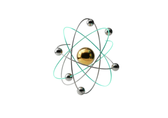 Isolated atom model with gold nucleus and silver electrons, abstract science and technology