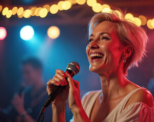 Mature woman sings into microphone at karaoke bar. Smiling performer enjoys live music on stage with colorful lights and bokeh background. Energetic vocalist passionate about singing song.