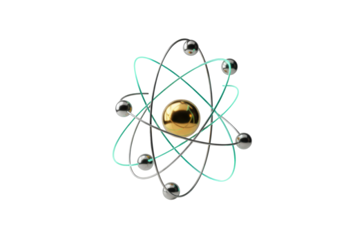 Isolated atom model with gold nucleus and silver electrons, abstract science and technology
