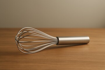 Stainless wire whisk on wooden board
