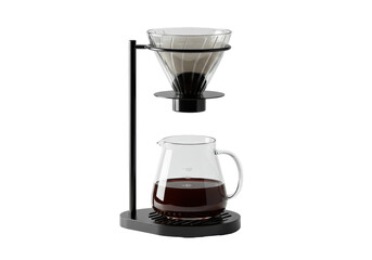 Isolated glass pour-over coffee maker, filter, carafe brewing fresh coffee, modern design