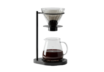 Isolated glass pour-over coffee maker, filter, carafe brewing fresh coffee, modern design