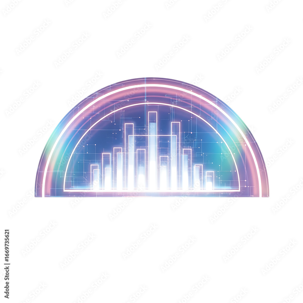 Poster futuristic glowing archway with abstract digital cityscape and sound waves overlay isolated on trans
