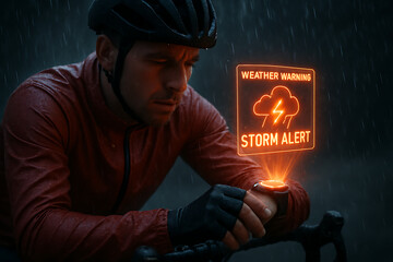 Cyclist in the Rain Receiving a Holographic Storm Alert on a Smartwatch
