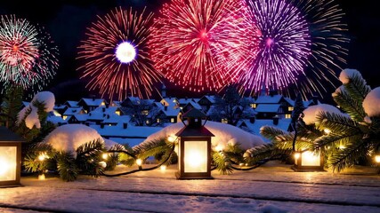 Festive fireworks display over snowy village with lanternadorned wooden deck - Powered by Adobe