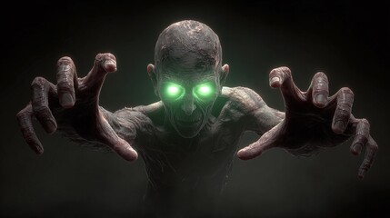 sinister halloween zombie with glowing green eyes and bony hands stretched forward on dark background