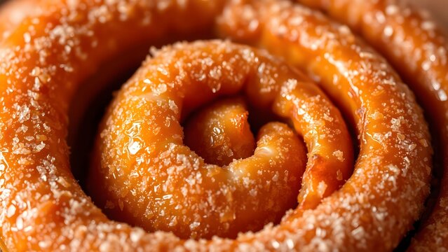 Close-up of a golden-brown sweet pastry, coated in glistening sugar crystals.