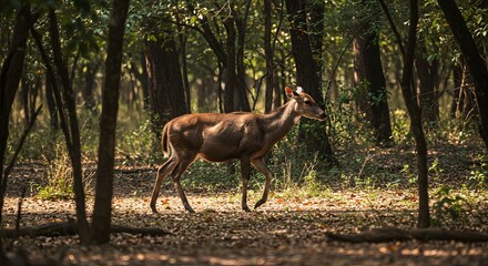 Deer walking through forest