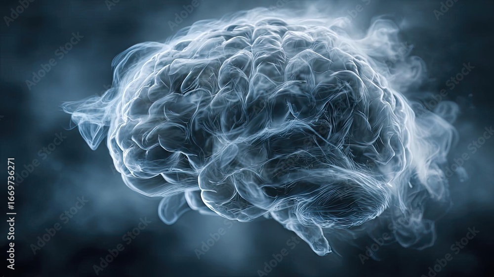 Poster brain fog and concentration problems concept. abstract representation of a brain with smoke and ligh