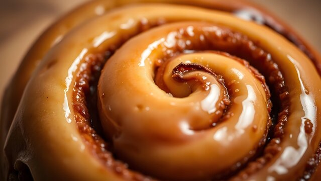 Close-up of a sweet cinnamon roll, swirled with spice and topped with glaze. - Powered by Adobe