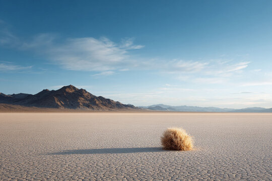 Serene desert landscape featuring a lone tumbleweed on cracked earth under a clear sky, symbolizing resilience, isolation, or the vastness of the American West.
