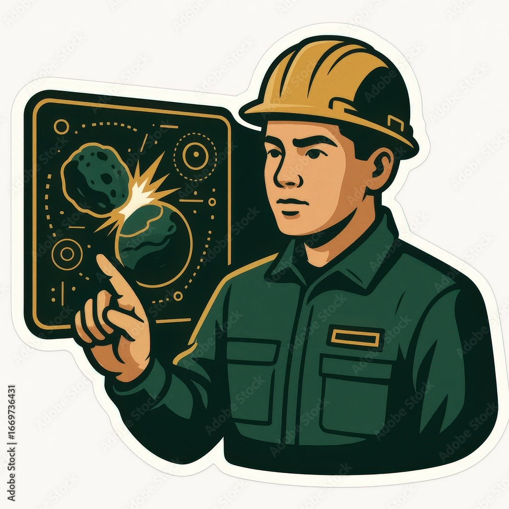 Aufkleber professional male engineer pointing at digital display illustrating planetary collisions and cosmic 