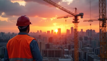 Construction worker in red helmet and orange reflective vest observes city skyline at vibrant sunrise. Cranes and scaffolding at building site signify urban development and industry progress.