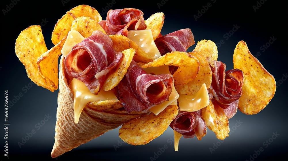 Poster cone of food with bacon and cheese on top. the bacon is in the shape of a rose