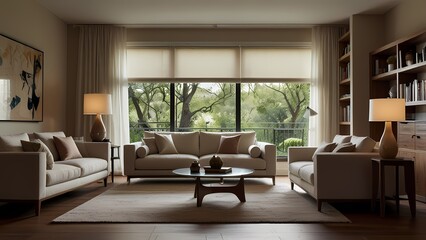 Fototapeta premium Modern living room interior with a comfortable sofa, fireplace, and contemporary furniture
