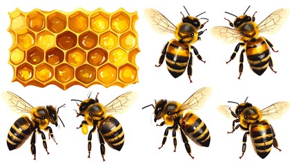 Detailed illustration of honeybees positioned around a honeycomb filled with golden honey.