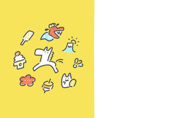 白馬と正月の縁起物の手描きのかわいい和風年賀状イラスト　2026・黄色・テキストスペースあり