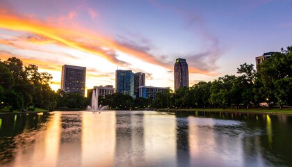 A tranquil park by a shimmering lake reflects the vibrant sunset hues, with city skyscrapers in the background, creating a serene urban landscape.