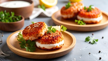 Gourmet crab cakes with creamy sauce and fresh herbs on wooden plates.