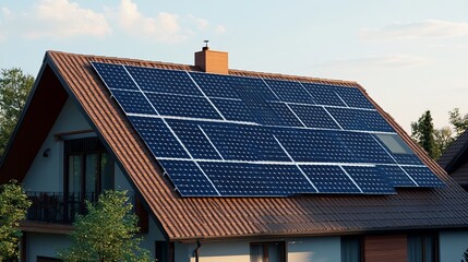 Fototapeta premium Solar panels on a terracotta-roofed house