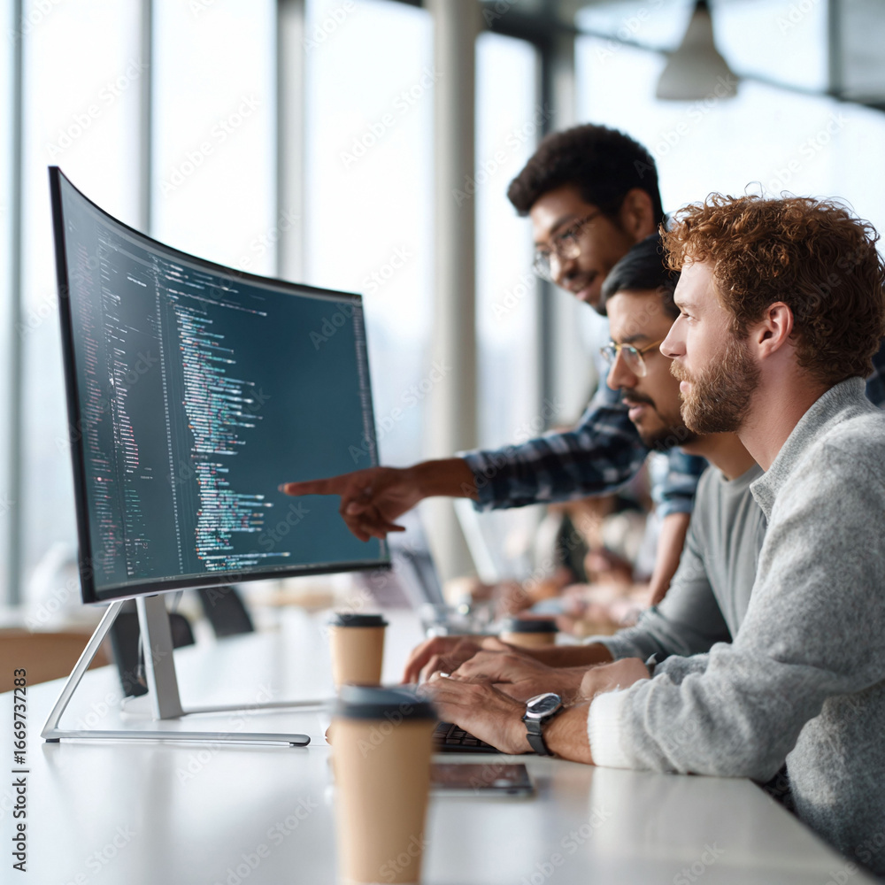 Poster team of diverse developers collaborating on code, pointing at monitor. modern office, teamwork, inno