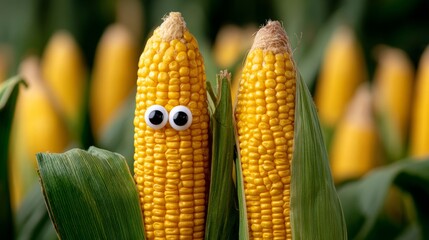 Obraz premium Two corn cobs with eyes on them are standing in a field of corn