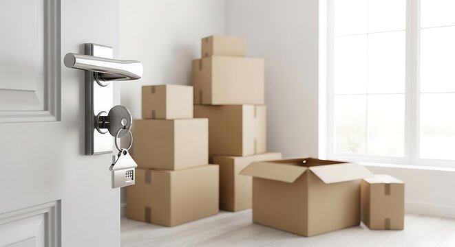 A new home awaits, symbolized by keys in a doorway surrounded by moving boxes.