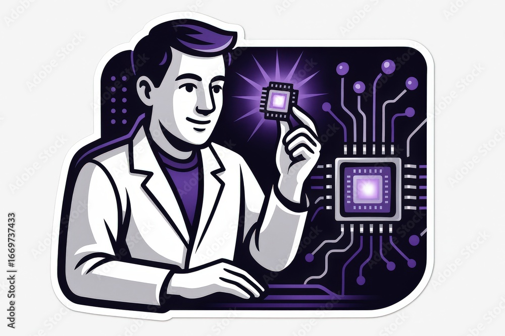 Aufkleber a digital scientist holds a microchip surrounded by circuit patterns illustrating the intersection o
