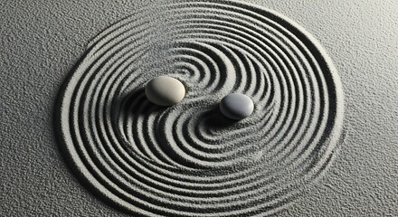 A serene zen garden design with concentric circles and two smooth stones.