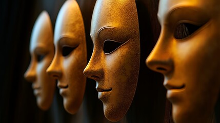 Gold masks in profile, lined up