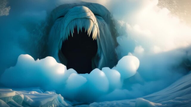 Colossal Ice Beast Snarling with Glinting Teeth and Cracking Landscape