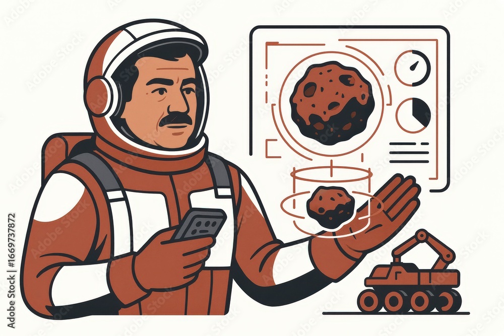 Aufkleber discovering the secrets of asteroid mining with a skilled astronaut examining rock samples alongside