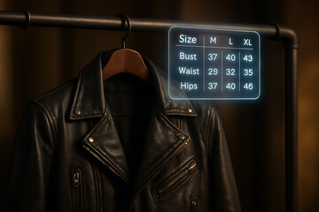 Leather Jacket with a Holographic Size Chart in a Clothing Store