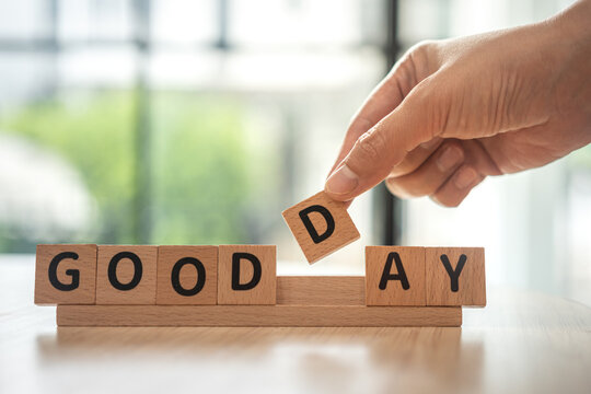 Naklejki People hand is alignment English alphabet as "Good day" word. Good abstract attitude concept scene.
