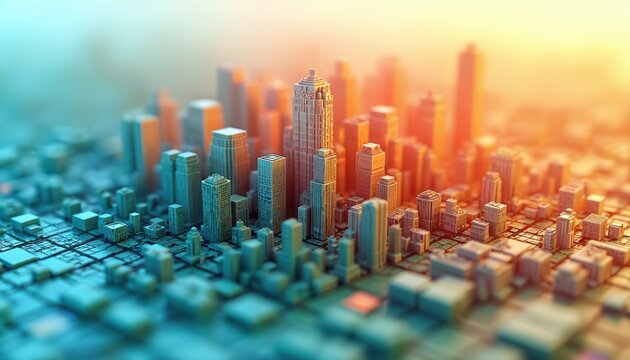 3D topographical map displays abstract cityscape with geometric buildings in vibrant colors. Urban architecture visualized with depth, relief, creating modern, artistic urban design. Topographic - Powered by Adobe